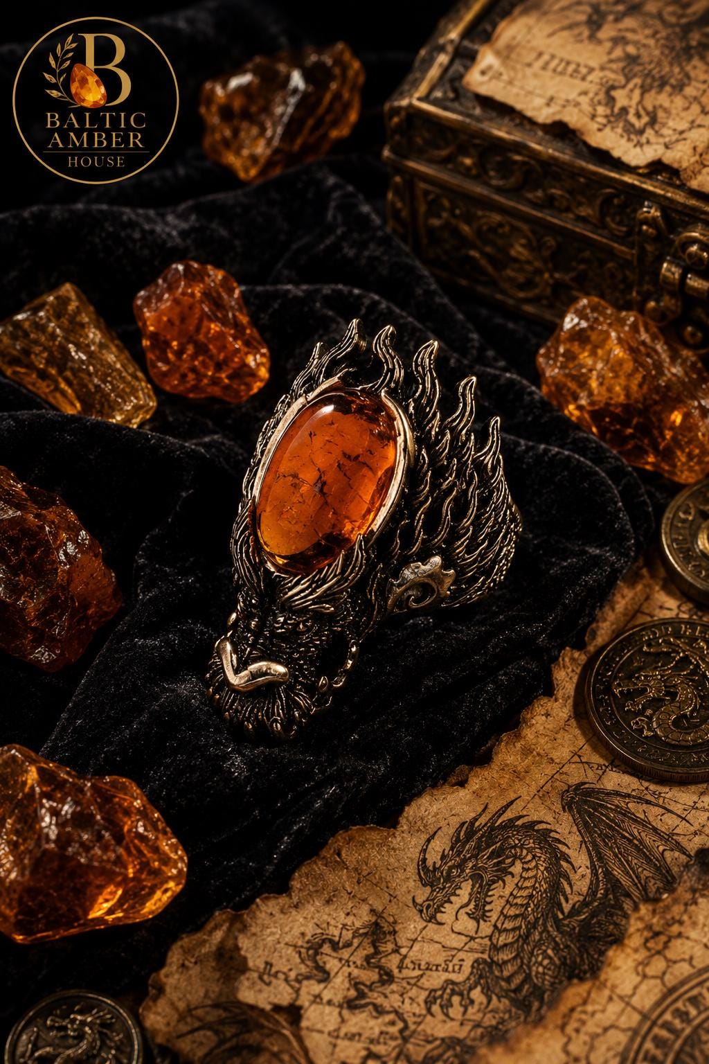 Dragon Baltic Amber Ring for Men, Viking Dragon Ring, Green or Cognac Amber, Fantasy Gothic Statement Jewelry Gift