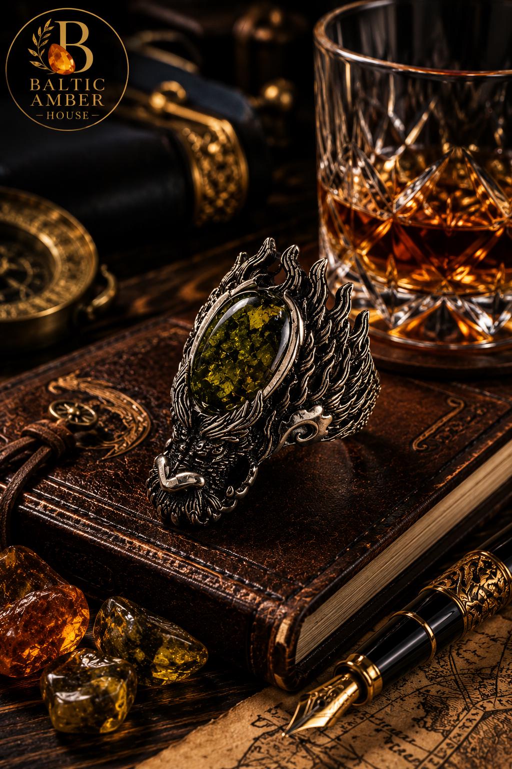 Dragon Baltic Amber Ring for Men, Viking Dragon Ring, Green or Cognac Amber, Fantasy Gothic Statement Jewelry Gift