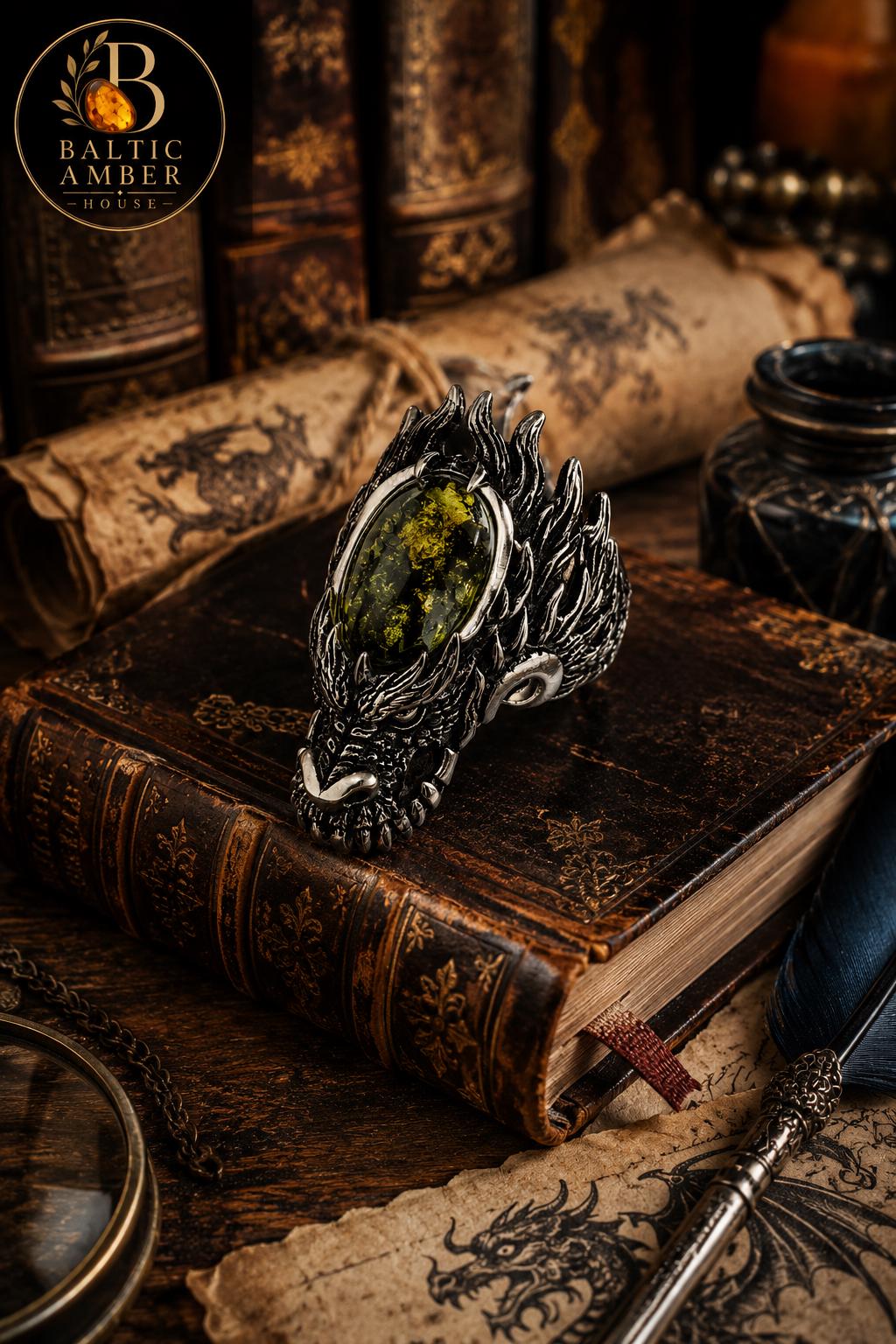 Dragon Baltic Amber Ring for Men, Viking Dragon Ring, Green or Cognac Amber, Fantasy Gothic Statement Jewelry Gift