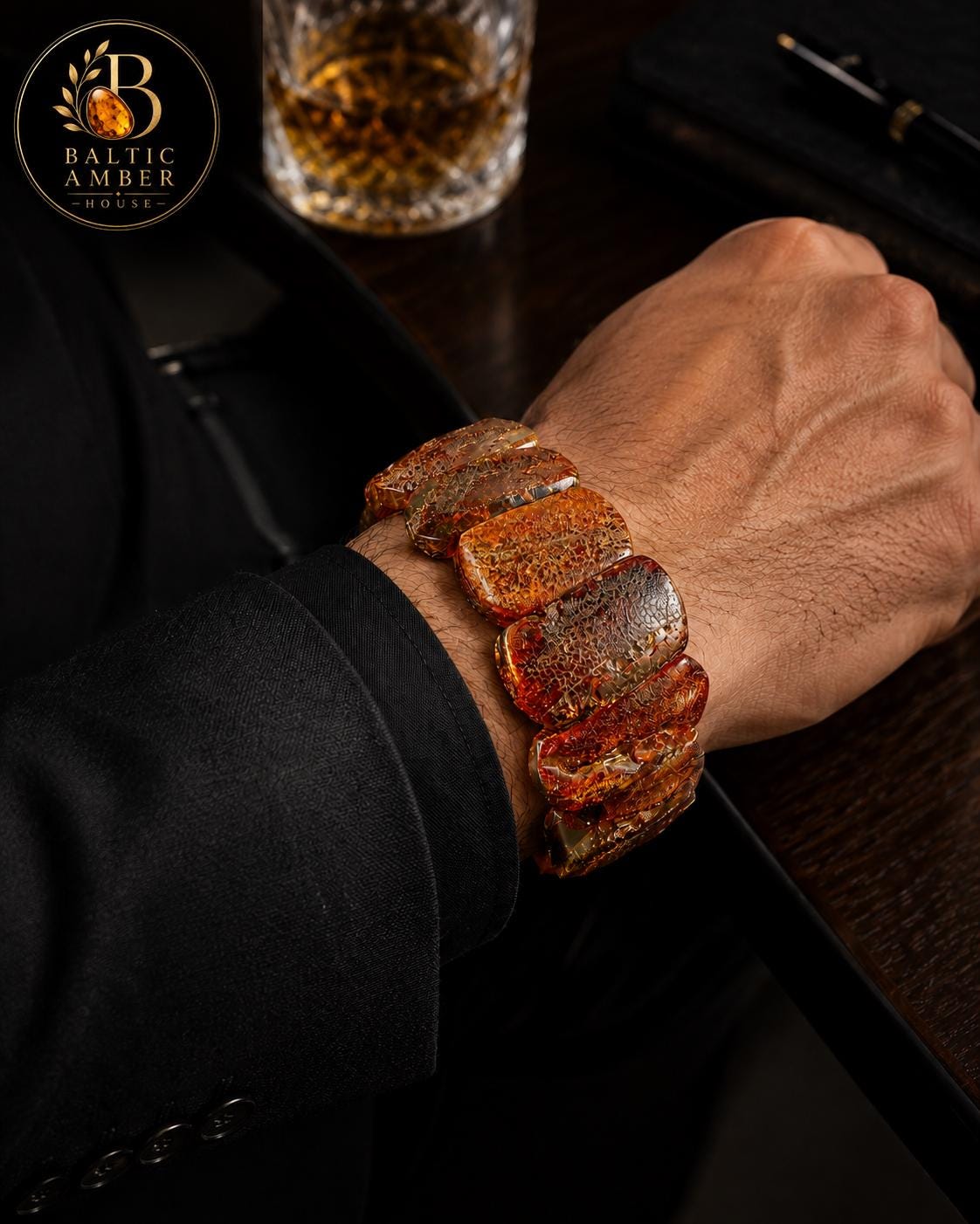 Men's Baltic Amber Bracelet, Chunky Statement Amber Jewelry, Natural Baltic Amber Gift for Him, Luxury Handmade Bracelet