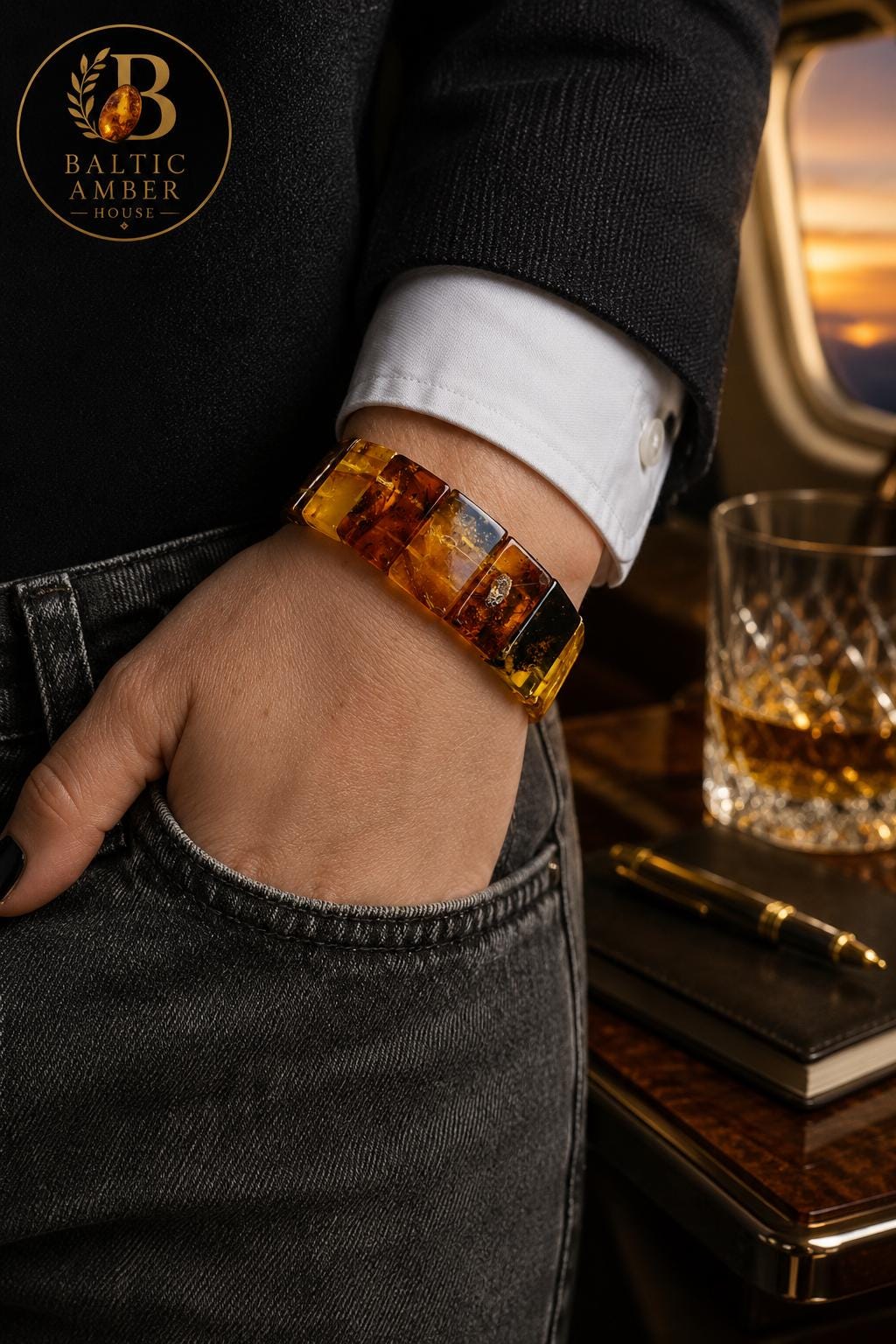 Natural Baltic Amber Bracelet for Men, Handmade Amber Stretch Bracelet, Genuine Baltic Amber Jewelry, One of a Kind Gift for Him, 6.7 Inch