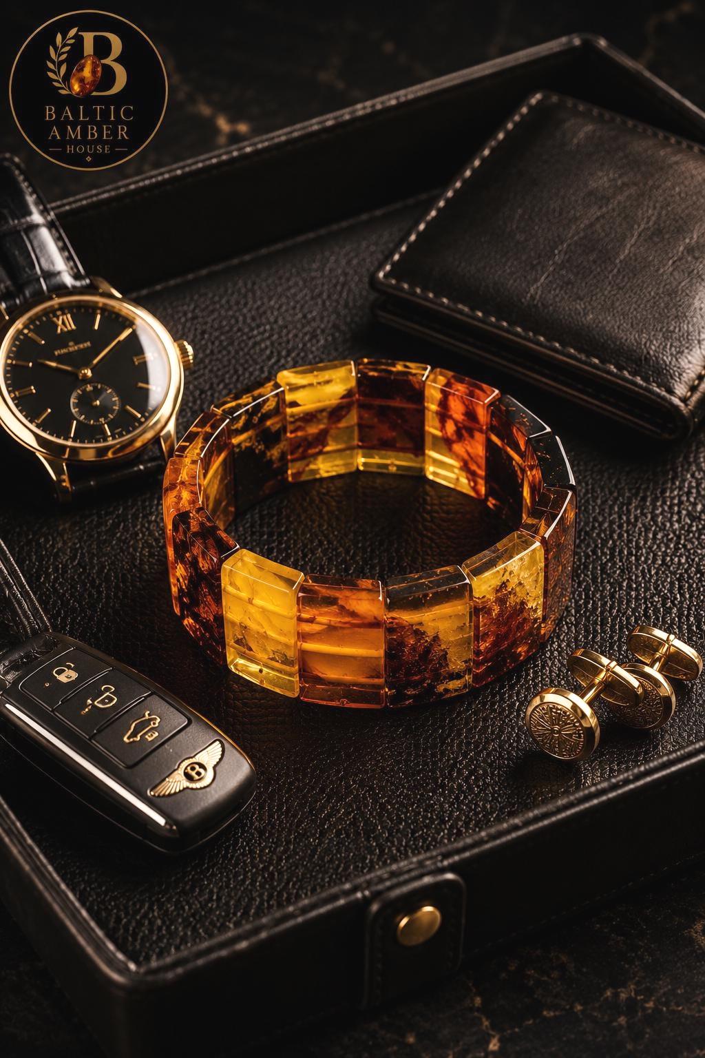 Natural Baltic Amber Bracelet for Men, Handmade Amber Stretch Bracelet, Genuine Baltic Amber Jewelry, One of a Kind Gift for Him, 6.7 Inch