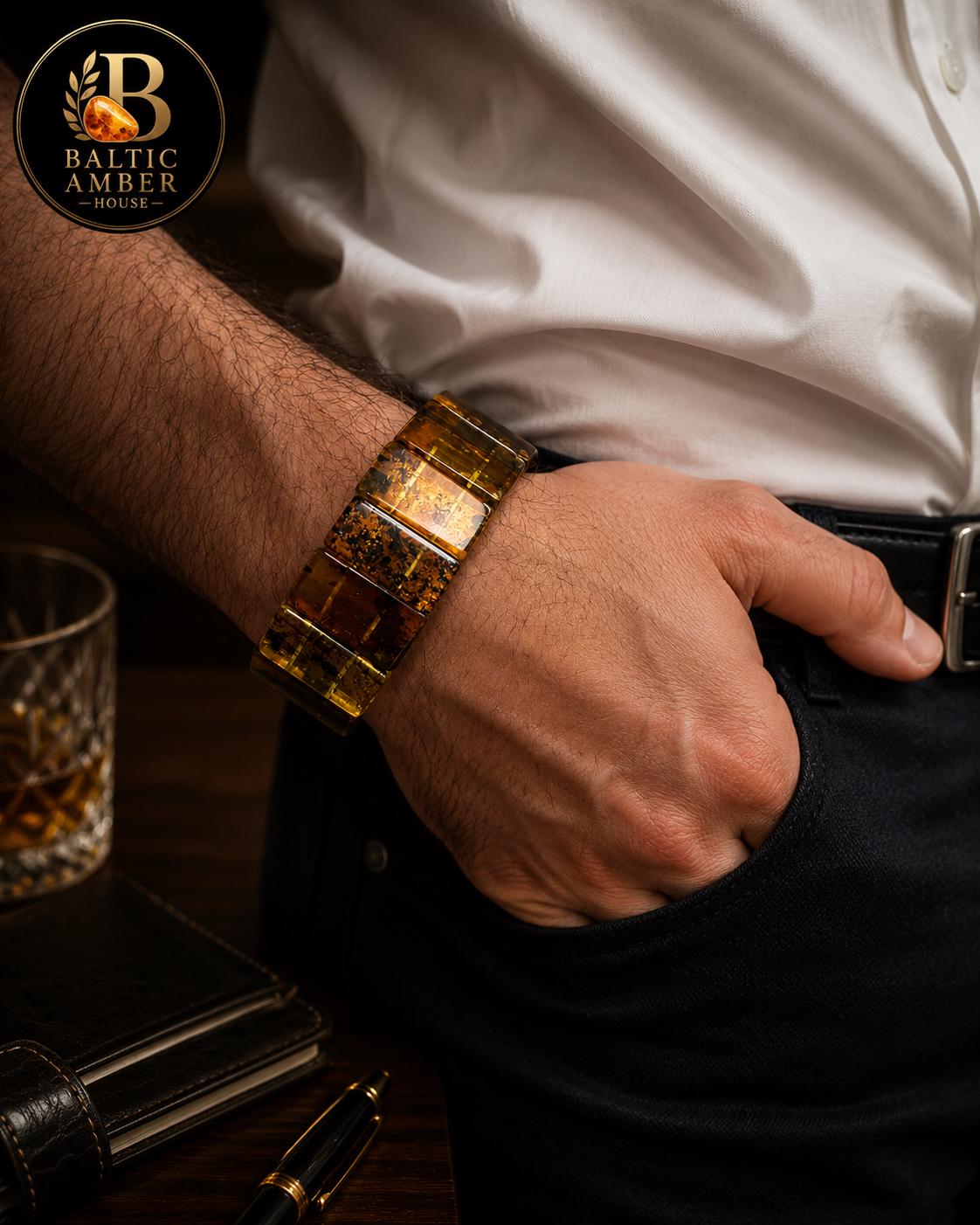 Natural Baltic Amber Bracelet for Men, Green Amber Cuff Bracelet, Genuine Baltic Amber Stretch Bracelet, Statement Amber Jewelry for Him