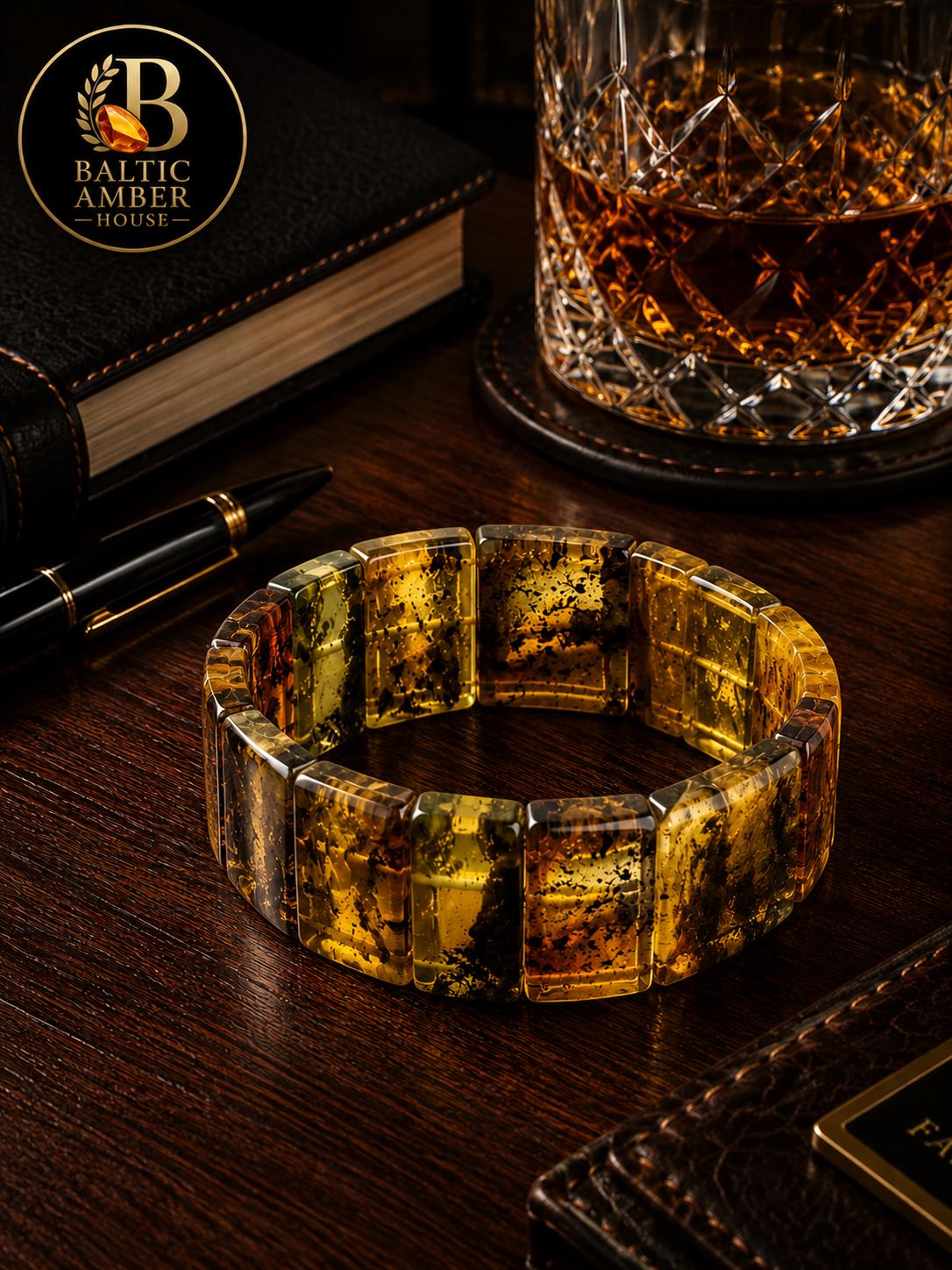Natural Baltic Amber Bracelet for Men, Green Amber Cuff Bracelet, Genuine Baltic Amber Stretch Bracelet, Statement Amber Jewelry for Him