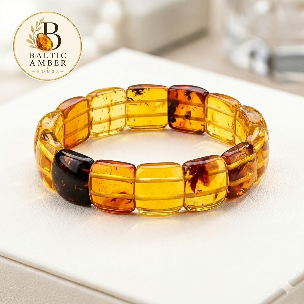 Genuine Baltic Amber Bracelet 7.48 Inches | Honey Cognac Lemon Amber Bracelet | Natural Baltic Amber Jewelry | Handmade Gift for Her