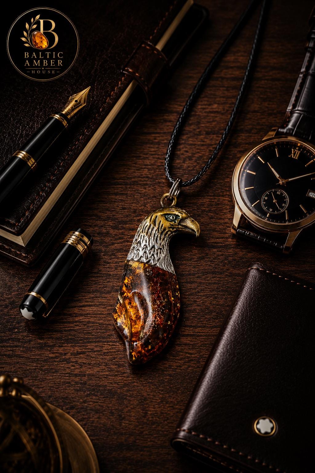 Baltic Amber Eagle Pendant for Men, Genuine Amber Necklace, Brass Eagle Talisman, Wildlife Jewelry, Freedom Symbol Gift for Him