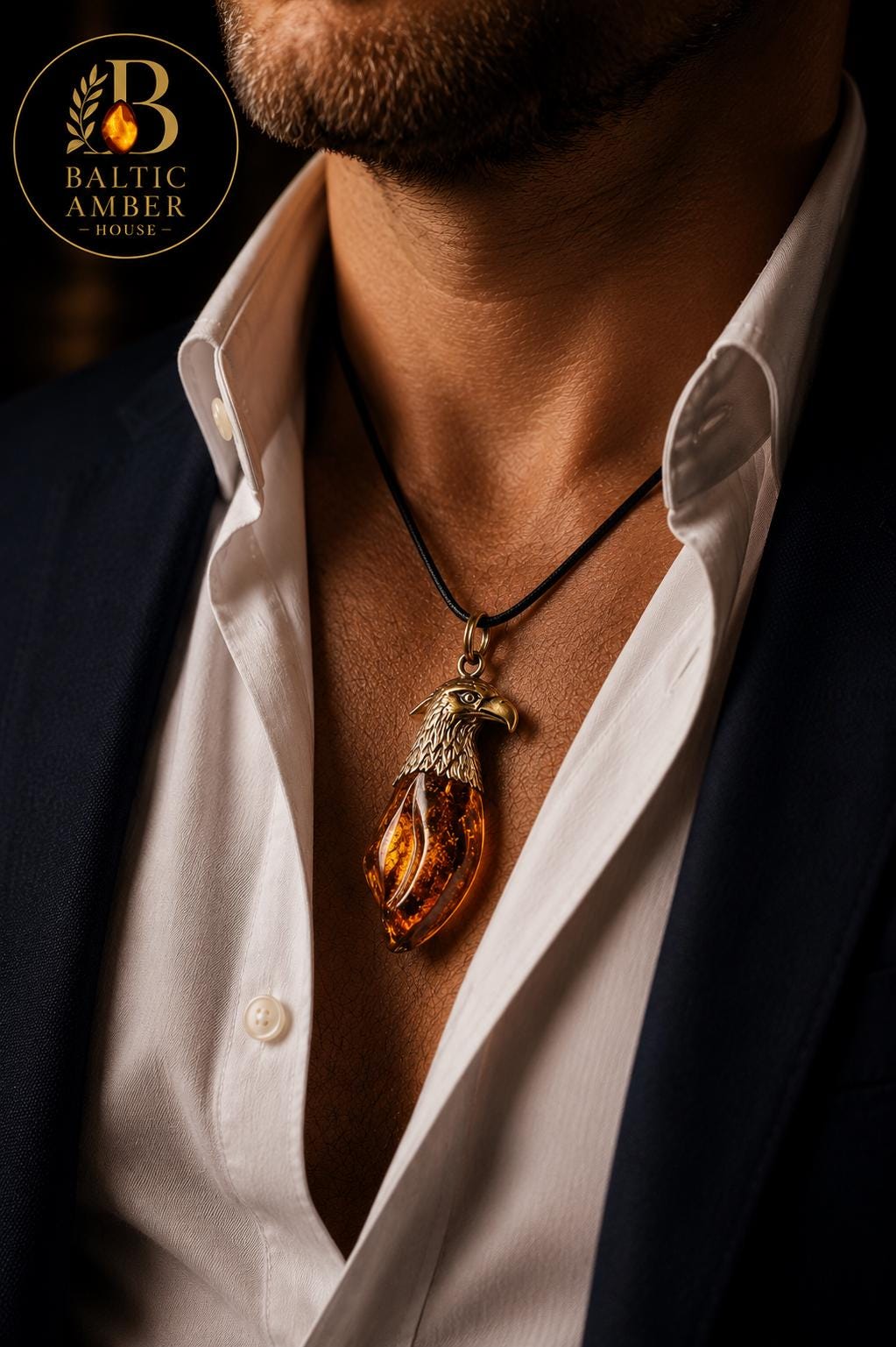 Baltic Amber Eagle Pendant for Men, Genuine Amber Necklace, Brass Eagle Talisman, Wildlife Jewelry, Freedom Symbol Gift for Him
