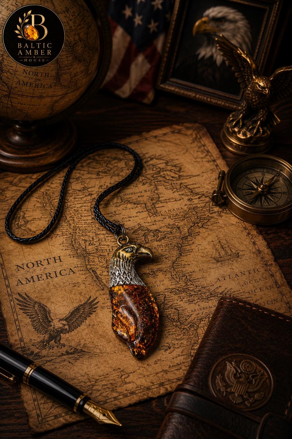Baltic Amber Eagle Pendant for Men, Genuine Amber Necklace, Brass Eagle Talisman, Wildlife Jewelry, Freedom Symbol Gift for Him
