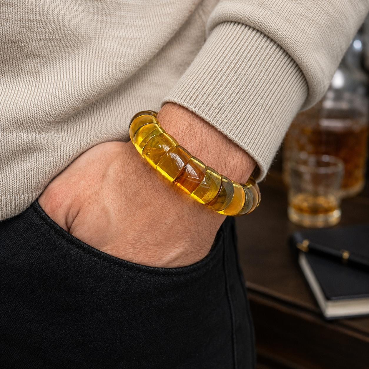 Genuine Baltic Amber Bracelet for Men, 6 Different Weights Available, Natural Stretch Amber Bracelet, Luxury Amber Jewelry Gift for Him