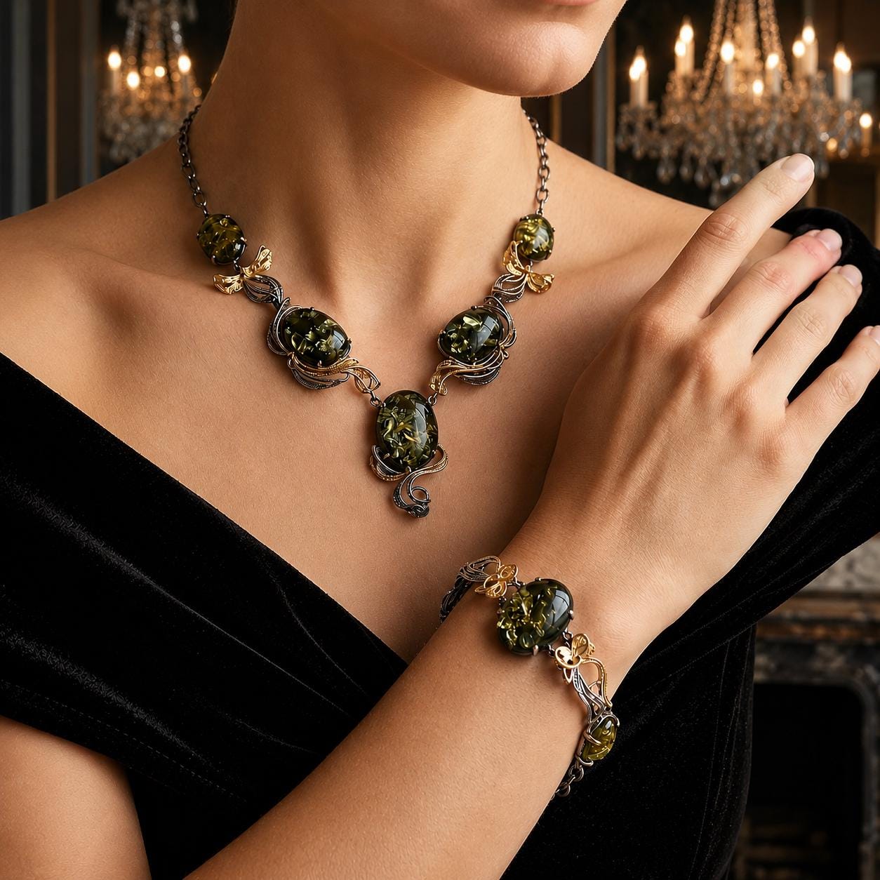 One of a Kind Baltic Amber Jewelry Set, Green Amber Necklace and Bracelet, Museum Quality Collector Jewelry