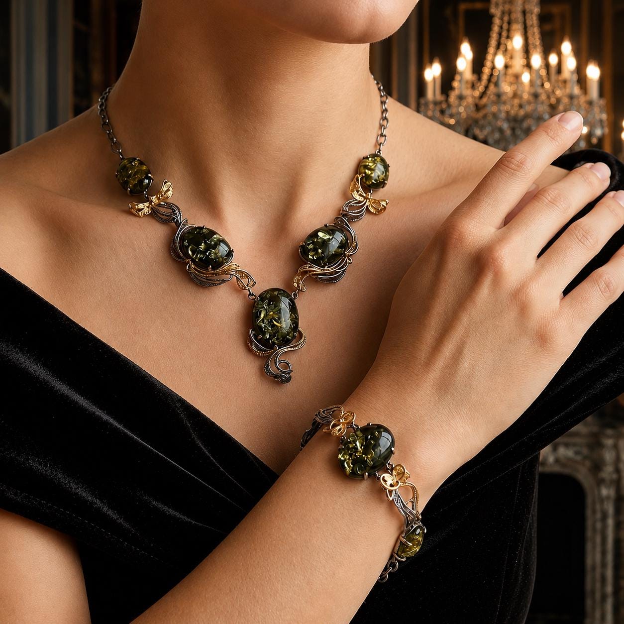 One of a Kind Baltic Amber Jewelry Set, Green Amber Necklace and Bracelet, Museum Quality Collector Jewelry
