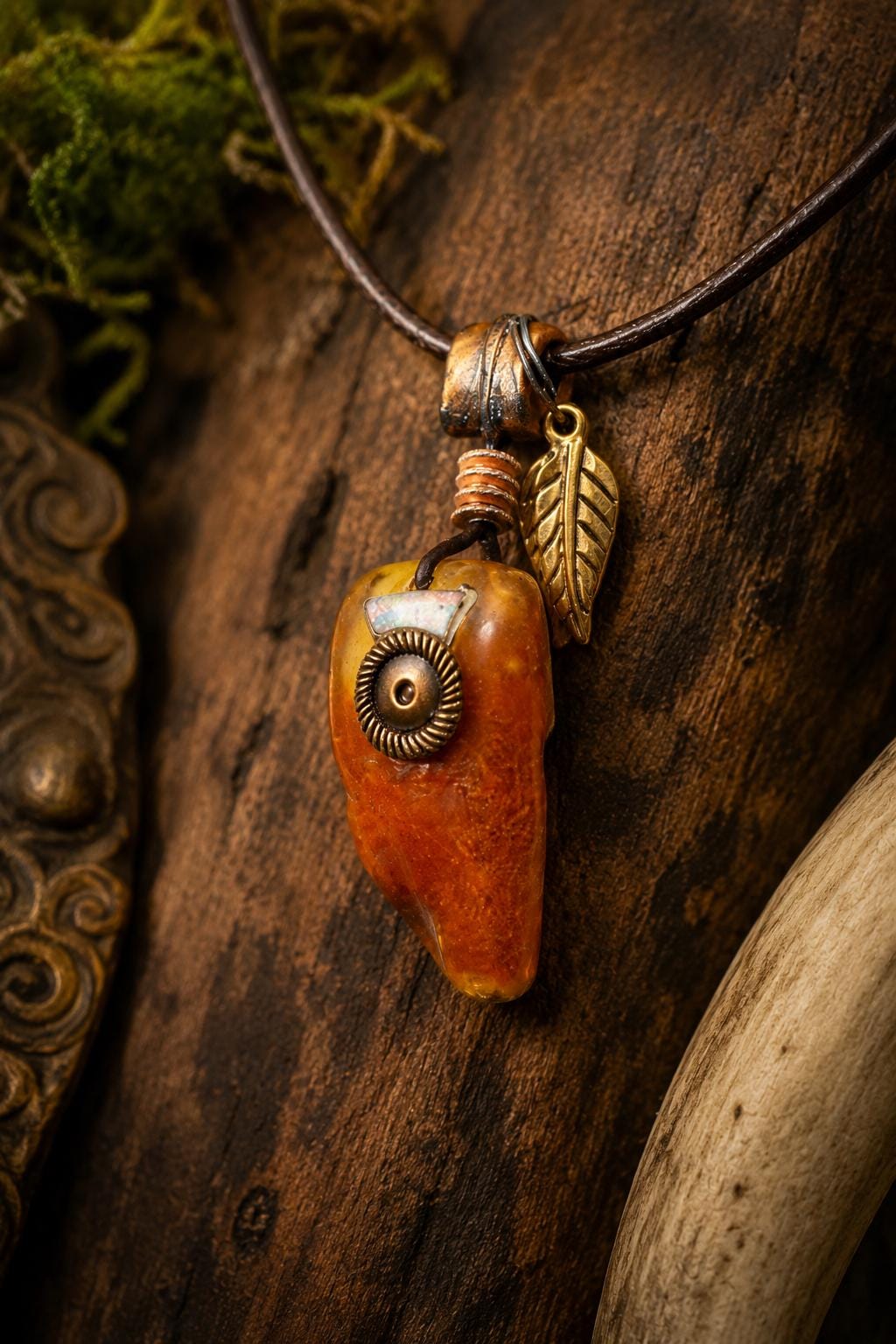 Unisex Baltic Amber Pendant Necklace, Genuine Amber Leather Cord Necklace, Boho Nature Jewelry, Rustic Nordic Gift for Men Women
