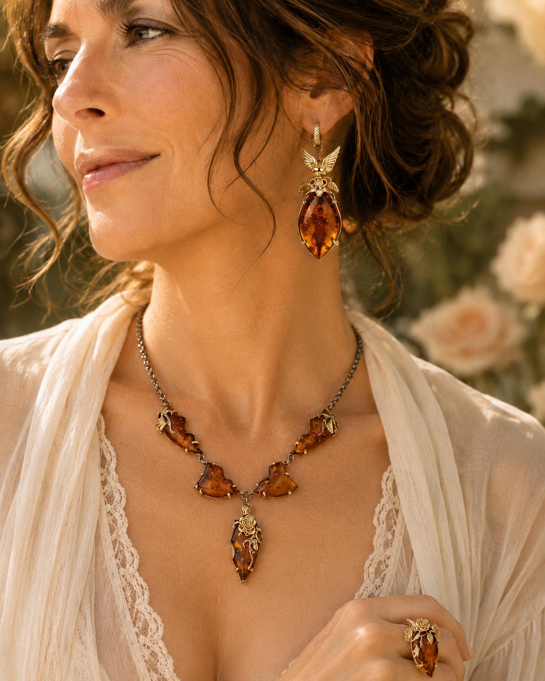 Baltic Amber Jewelry Set, 925 Sterling Silver Gold Vermeil, Designer Earrings and Ring Set