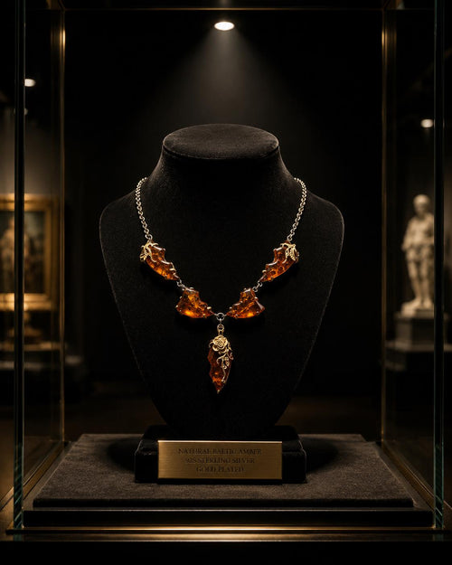 Designer Baltic Amber Pendant Necklace 21.7–23.6 Inches, 925 Sterling Silver Gold Vermeil, Floral Statement Jewelry