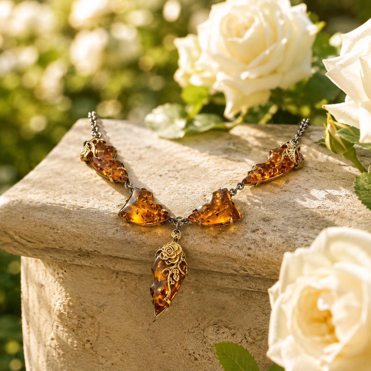 Designer Baltic Amber Pendant Necklace 21.7–23.6 Inches, 925 Sterling Silver Gold Vermeil, Floral Statement Jewelry