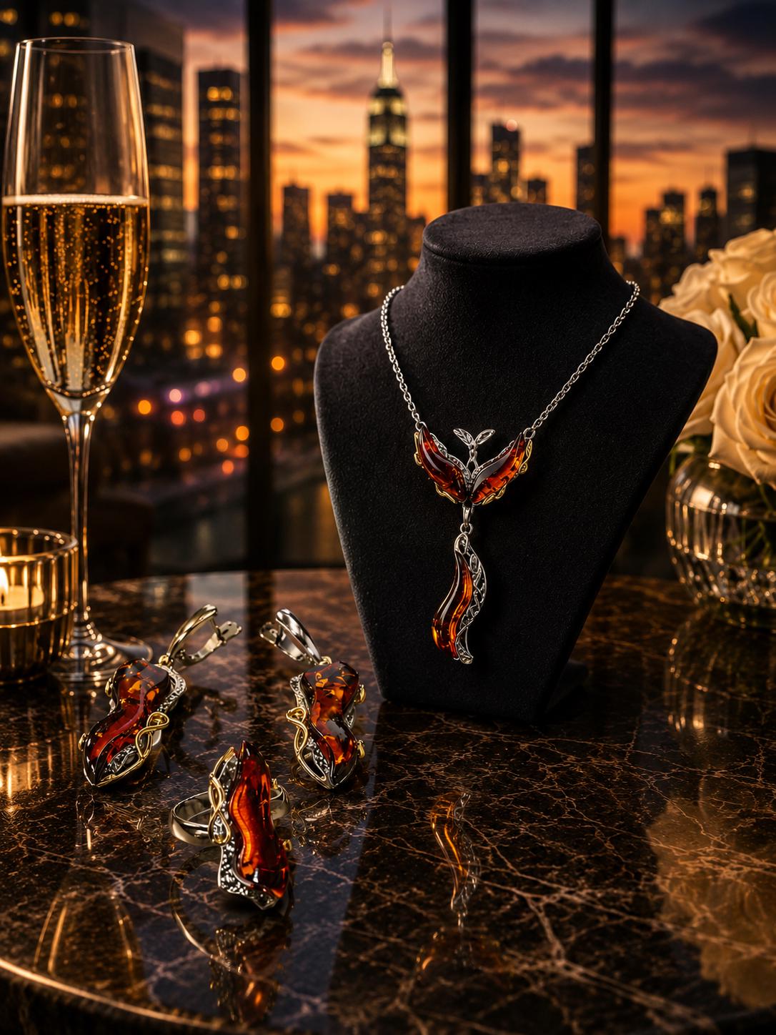 Designer Baltic Amber Jewelry Set 1.26 Inch, 925 Sterling Silver Gold Plated Ring and Earrings Set, Genuine Baltic Amber Gift for Her