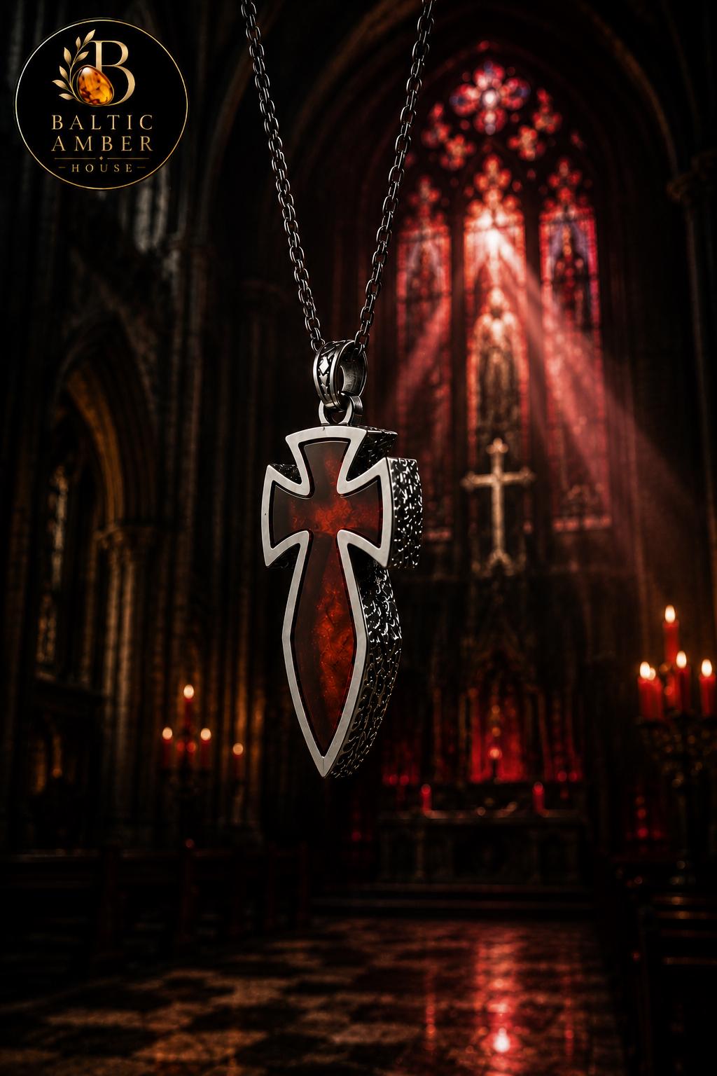 Natural Baltic Amber Cross Pendant for Men, Sterling Silver 925 Necklace, Cherry Amber Templar Cross, Gothic Christian Jewelry, Gift for Him