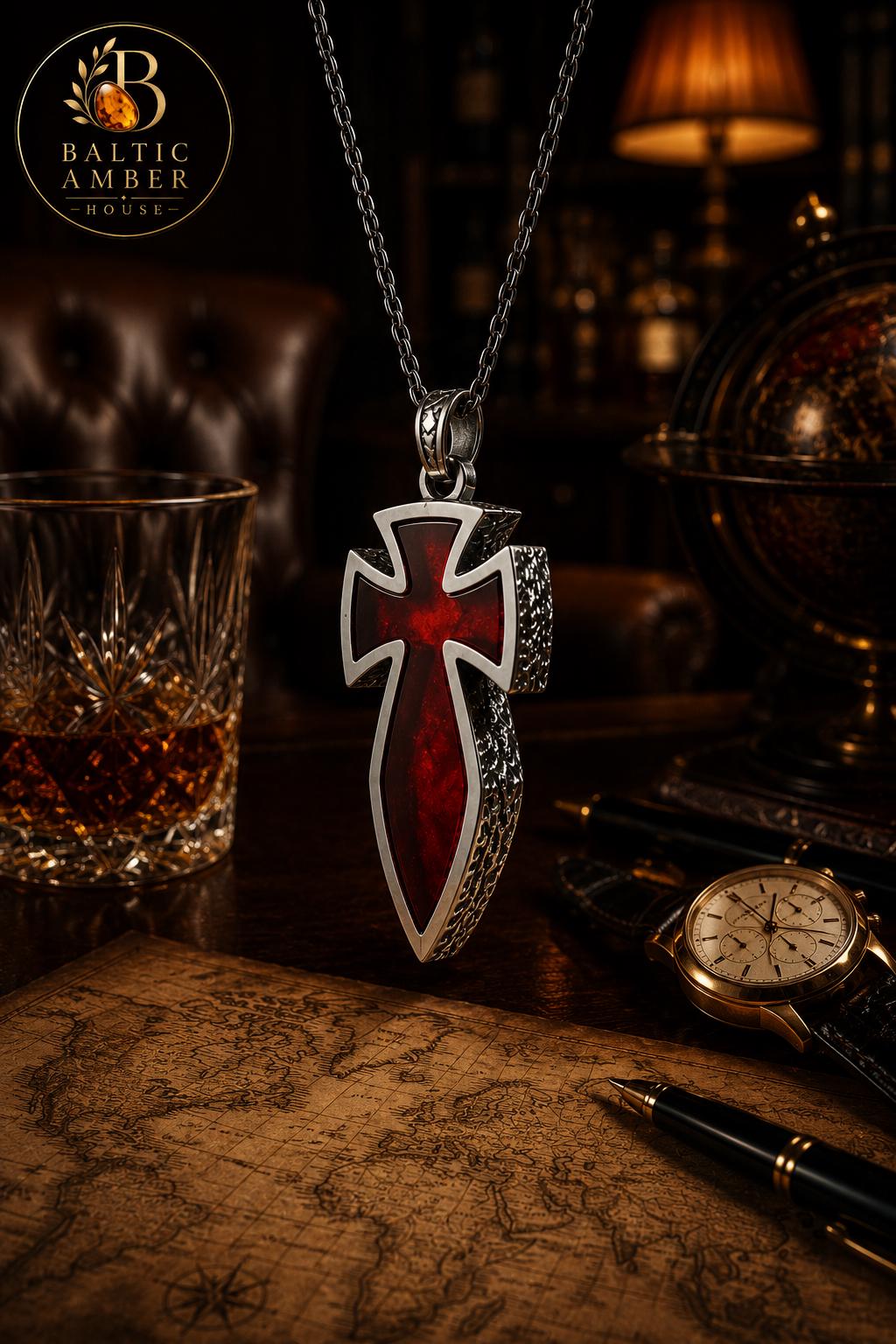 Natural Baltic Amber Cross Pendant for Men, Sterling Silver 925 Necklace, Cherry Amber Templar Cross, Gothic Christian Jewelry, Gift for Him