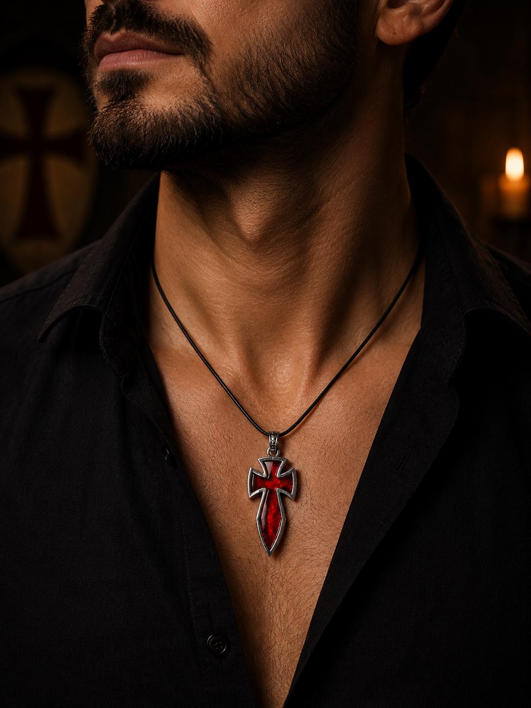 Natural Baltic Amber Cross Pendant for Men, Sterling Silver 925 Necklace, Cherry Amber Templar Cross, Gothic Christian Jewelry, Gift for Him