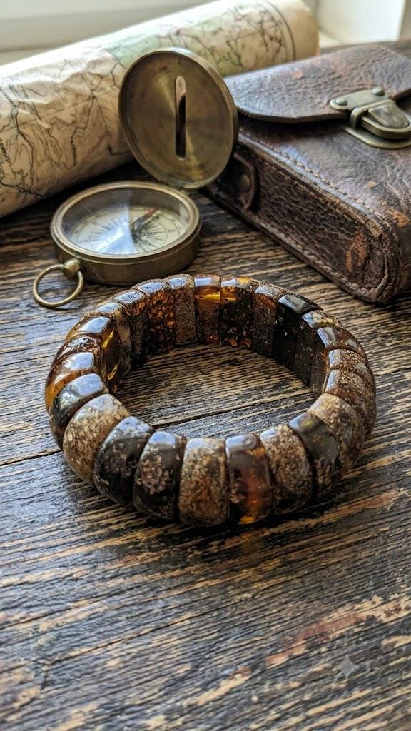 Natural Dendritic Baltic Amber Bracelet for Men, Rare Landscape Amber Stretch Bracelet, Genuine Amber Jewelry Gift for Him