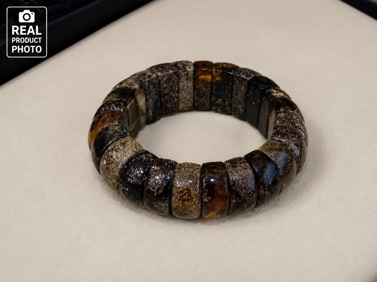 Natural Dendritic Baltic Amber Bracelet for Men, Rare Landscape Amber Stretch Bracelet, Genuine Amber Jewelry Gift for Him