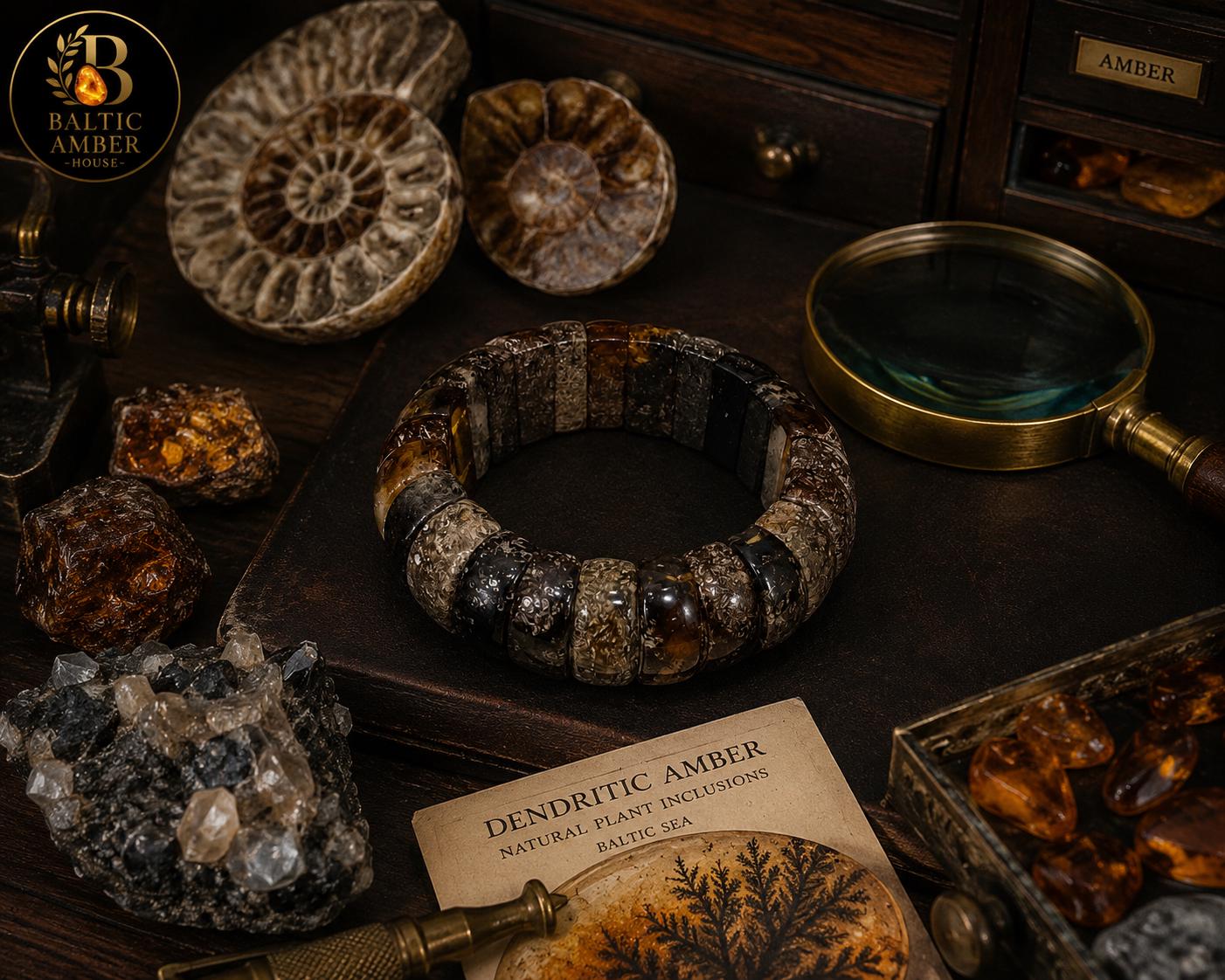 Natural Dendritic Baltic Amber Bracelet for Men, Rare Landscape Amber Stretch Bracelet, Genuine Amber Jewelry Gift for Him