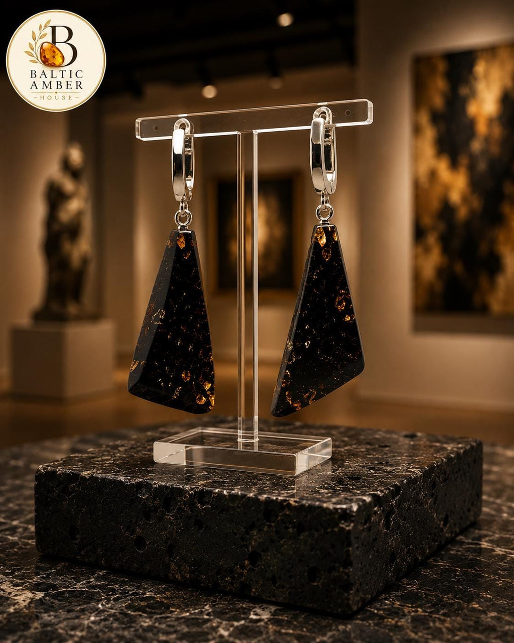 Black Baltic Amber Drop Earrings 1.97 Inches | Sterling Silver Plated Geometric Earrings | Genuine Baltic Amber Jewelry