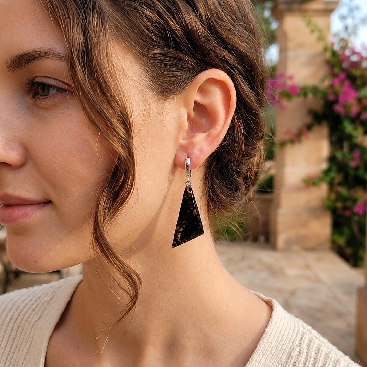 Black Baltic Amber Drop Earrings 1.97 Inches | Sterling Silver Plated Geometric Earrings | Genuine Baltic Amber Jewelry