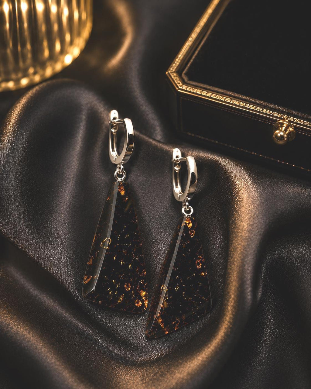 Black Baltic Amber Drop Earrings 1.97 Inches | Sterling Silver Plated Geometric Earrings | Genuine Baltic Amber Jewelry