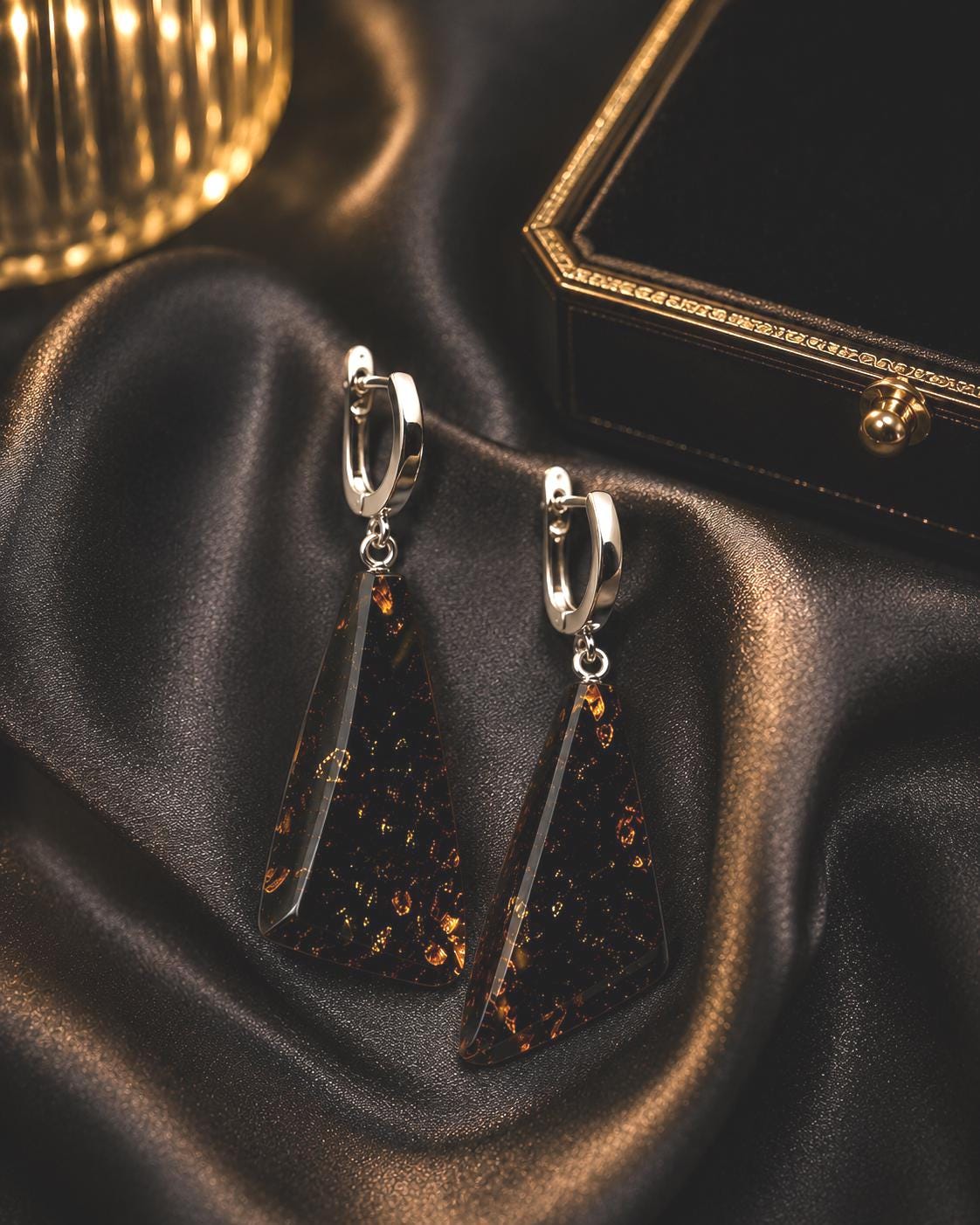 Black Baltic Amber Drop Earrings 1.97 Inches | Sterling Silver Plated Geometric Earrings | Genuine Baltic Amber Jewelry