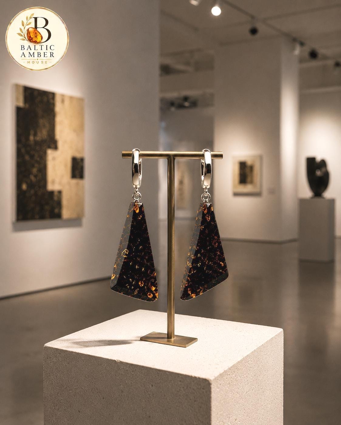Black Baltic Amber Drop Earrings 1.97 Inches | Sterling Silver Plated Geometric Earrings | Genuine Baltic Amber Jewelry