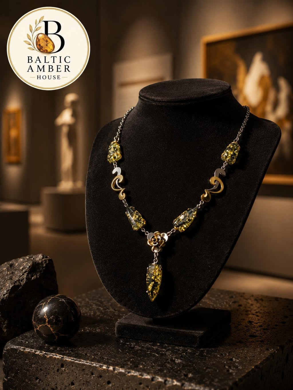 Designer Green Baltic Amber Necklace in 27.6 Inches, Natural Baltic Amber, Gold Plated 925 Sterling Silver Statement Jewelry