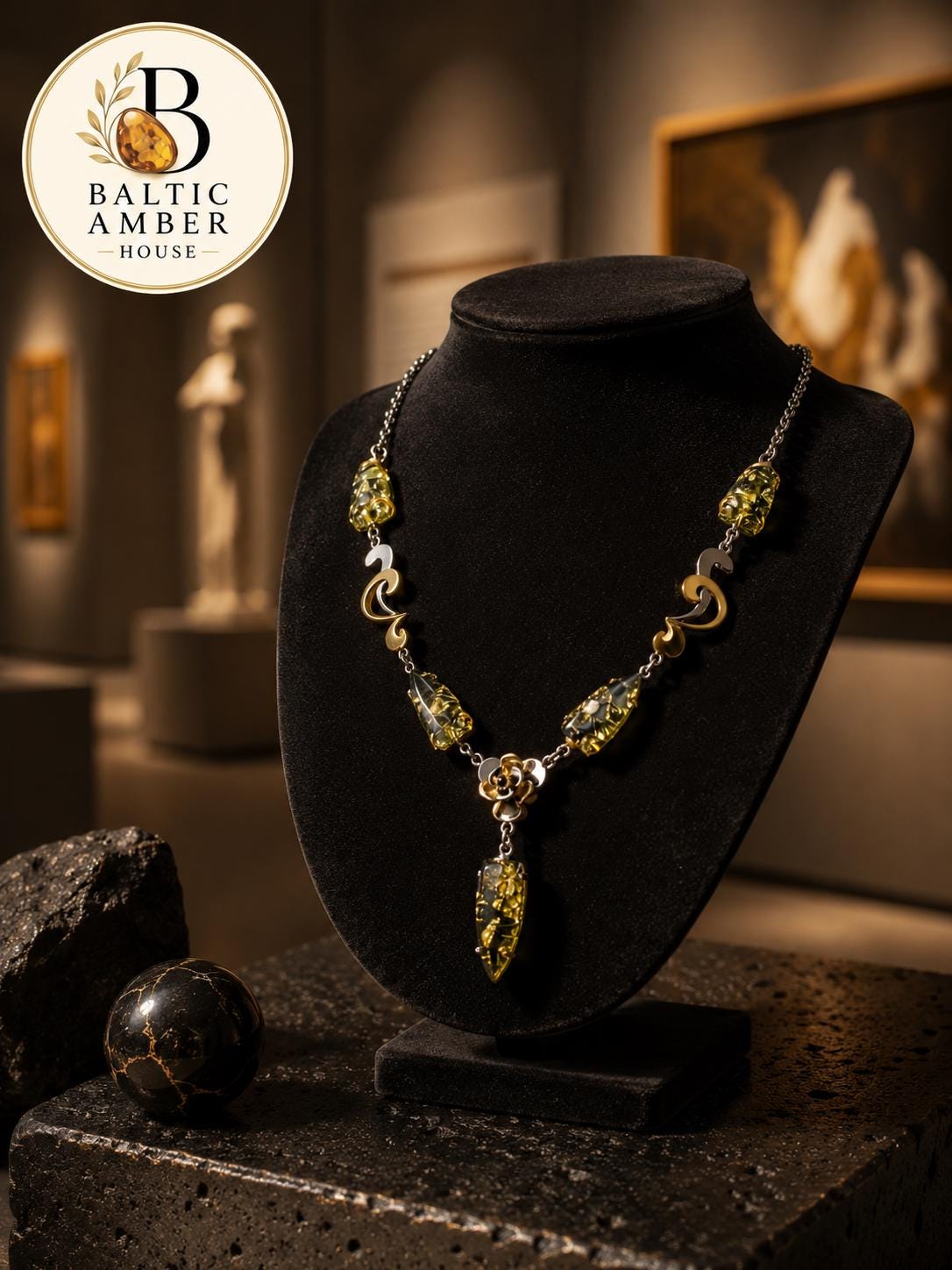 Designer Green Baltic Amber Necklace in 27.6 Inches, Natural Baltic Amber, Gold Plated 925 Sterling Silver Statement Jewelry