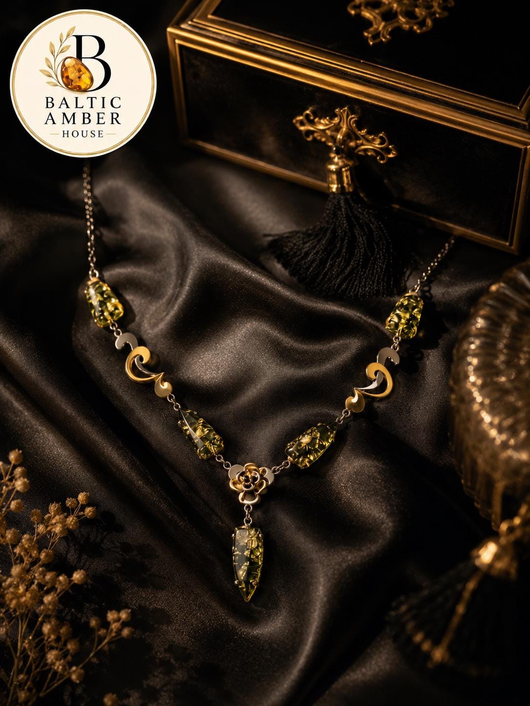 Designer Green Baltic Amber Necklace in 27.6 Inches, Natural Baltic Amber, Gold Plated 925 Sterling Silver Statement Jewelry