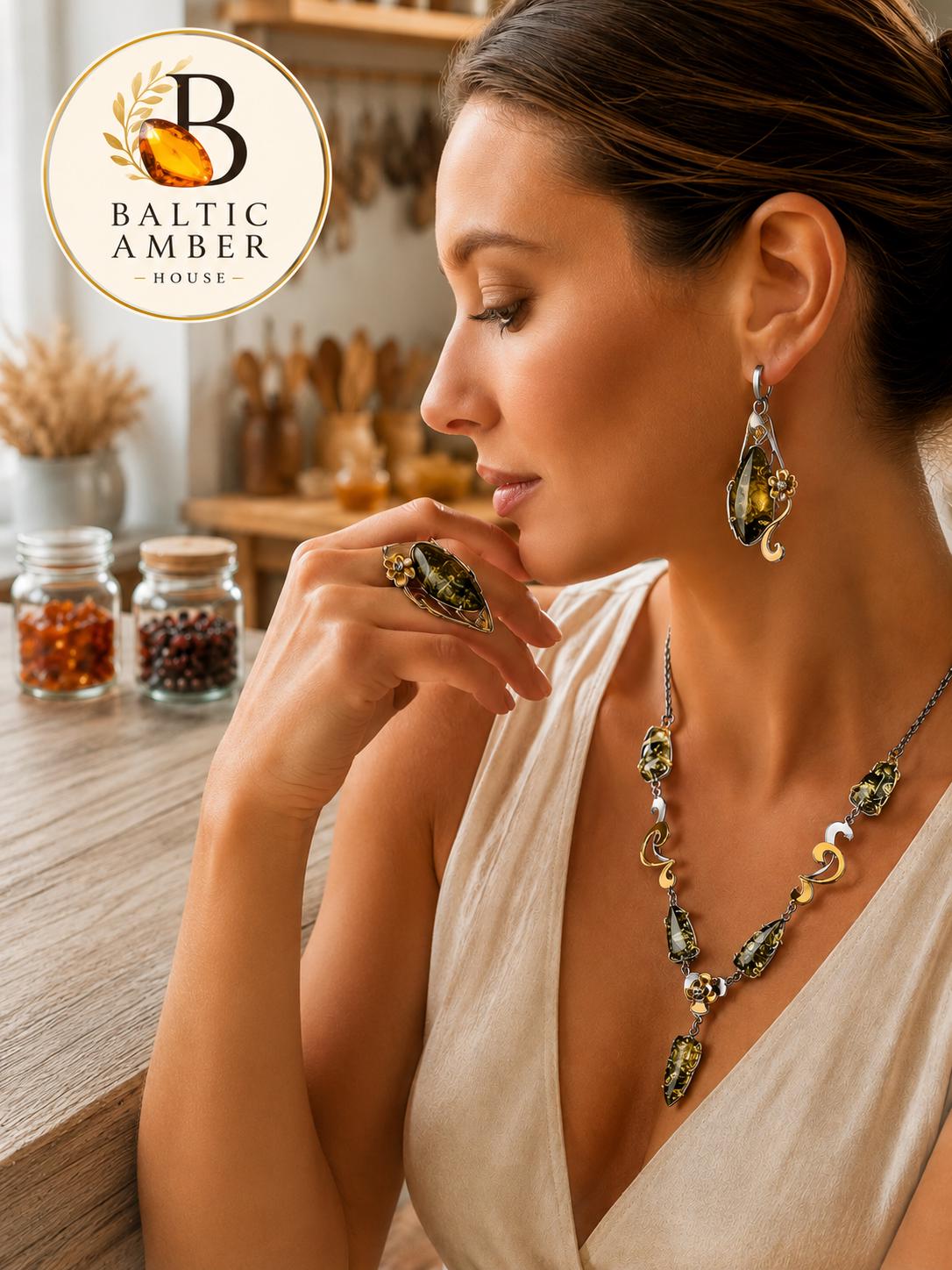 Designer Green Baltic Amber Necklace in 27.6 Inches, Natural Baltic Amber, Gold Plated 925 Sterling Silver Statement Jewelry