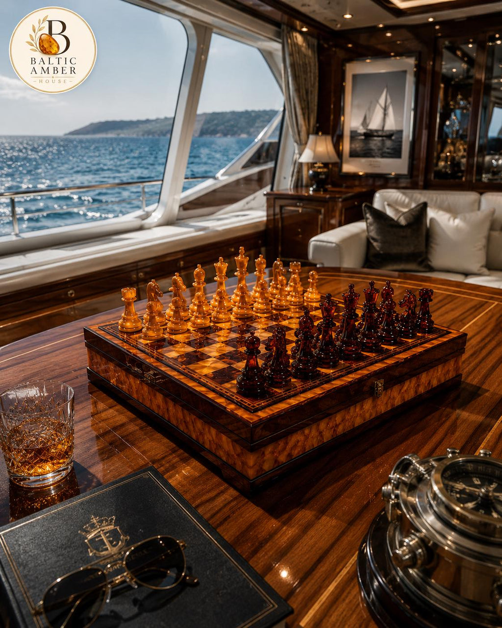 Luxury Baltic Amber Chess Set in Wooden Storage Box, 12.6 Inch Collector Chess Board, Handmade Amber Game Set, Executive Gift