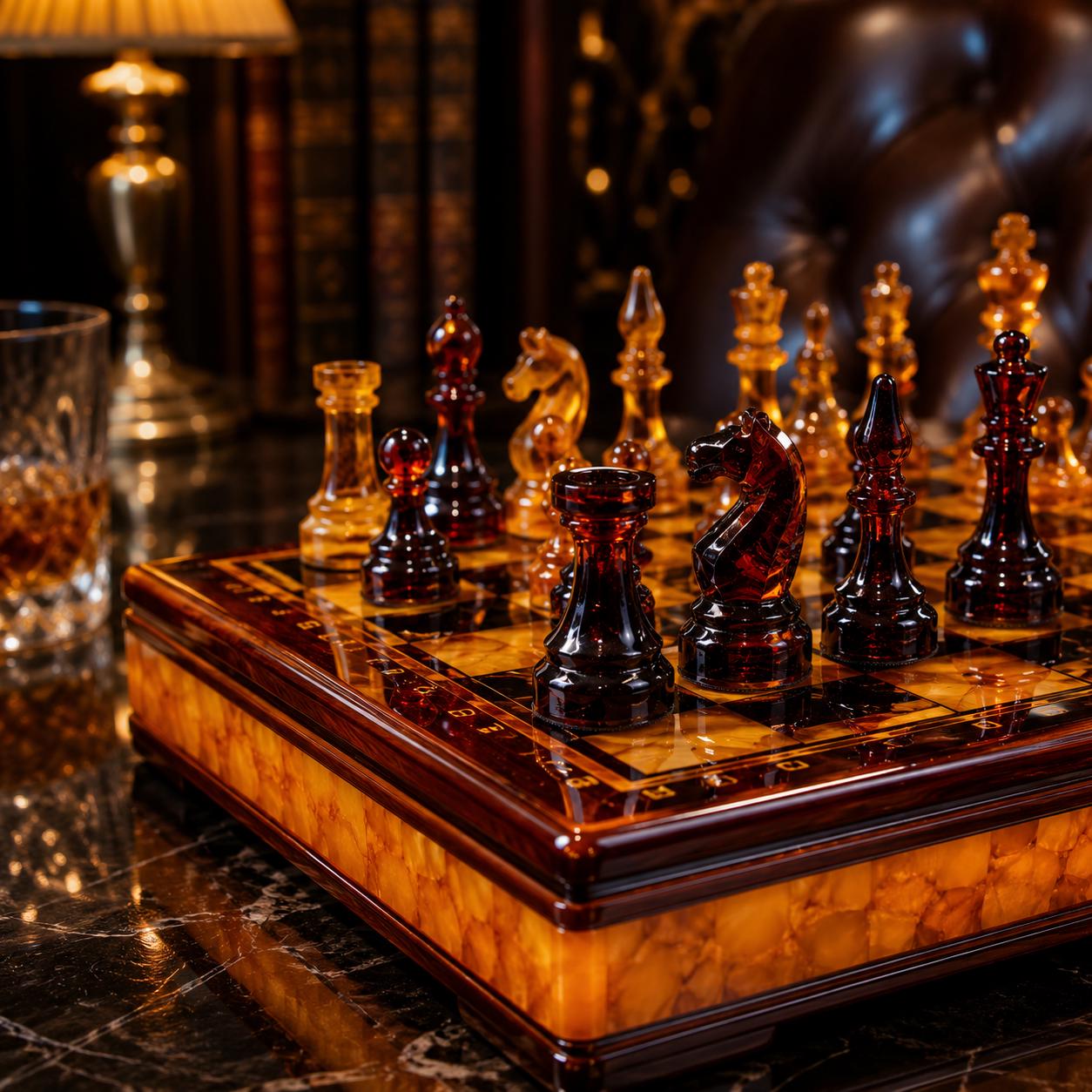 Luxury Baltic Amber Chess Set in Wooden Storage Box, 12.6 Inch Collector Chess Board, Handmade Amber Game Set, Executive Gift