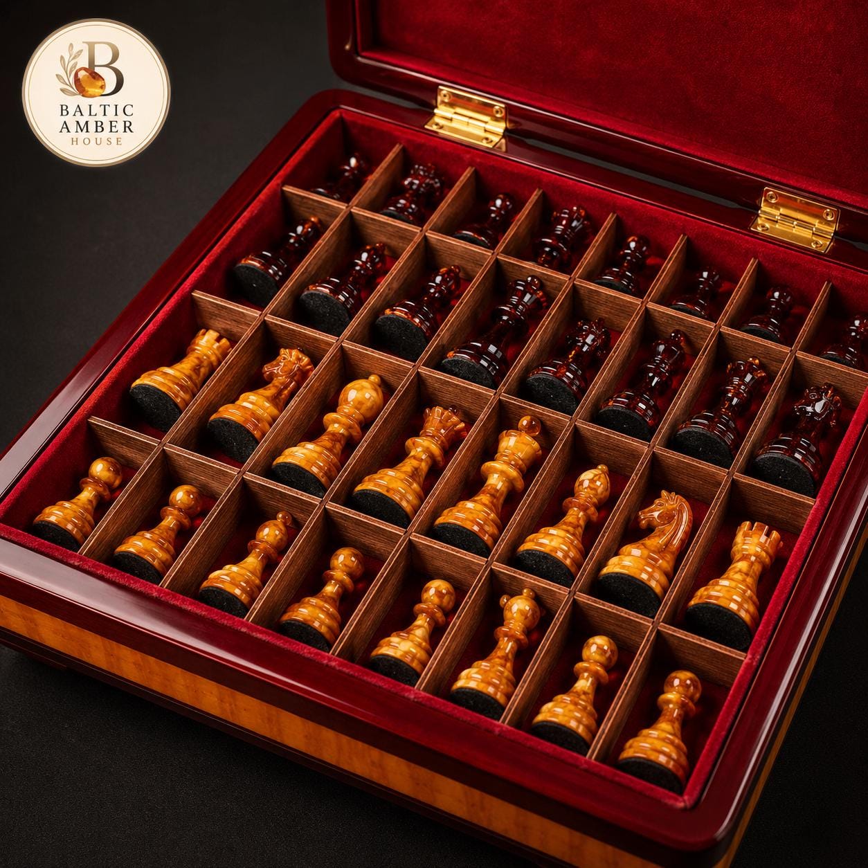 Luxury Baltic Amber Chess Set in Wooden Storage Box, 12.6 Inch Collector Chess Board, Handmade Amber Game Set, Executive Gift