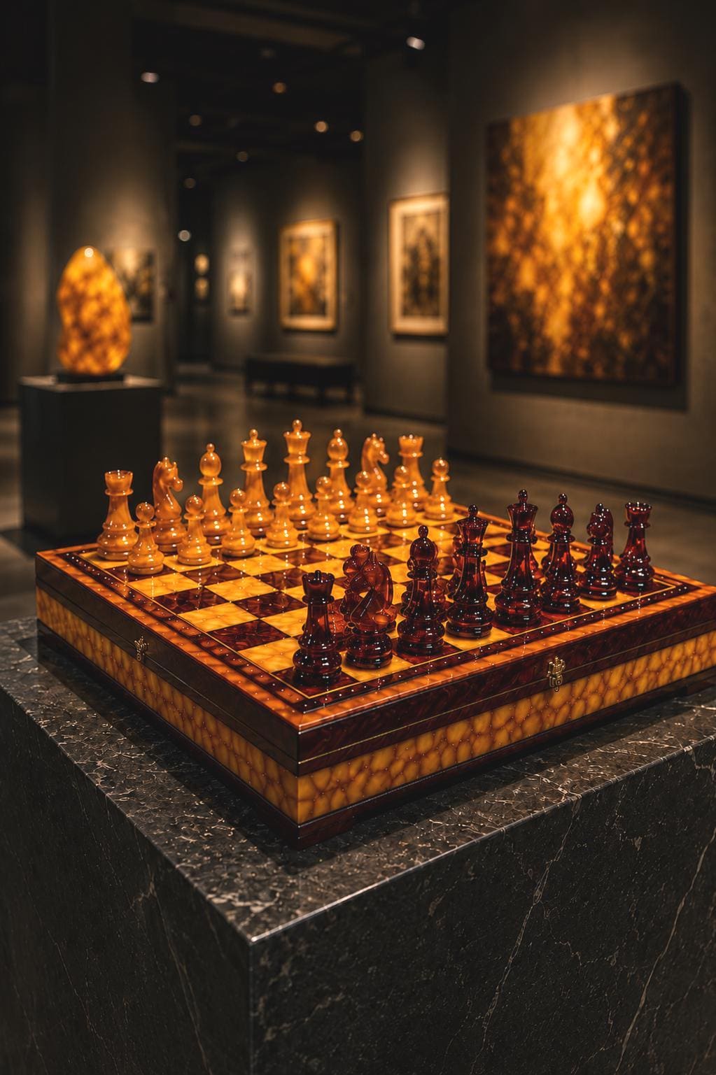 Luxury Baltic Amber Chess Set in Wooden Storage Box, 12.6 Inch Collector Chess Board, Handmade Amber Game Set, Executive Gift