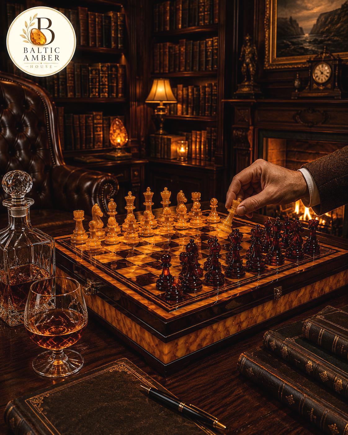 Luxury Baltic Amber Chess Set in Wooden Storage Box, 12.6 Inch Collector Chess Board, Handmade Amber Game Set, Executive Gift
