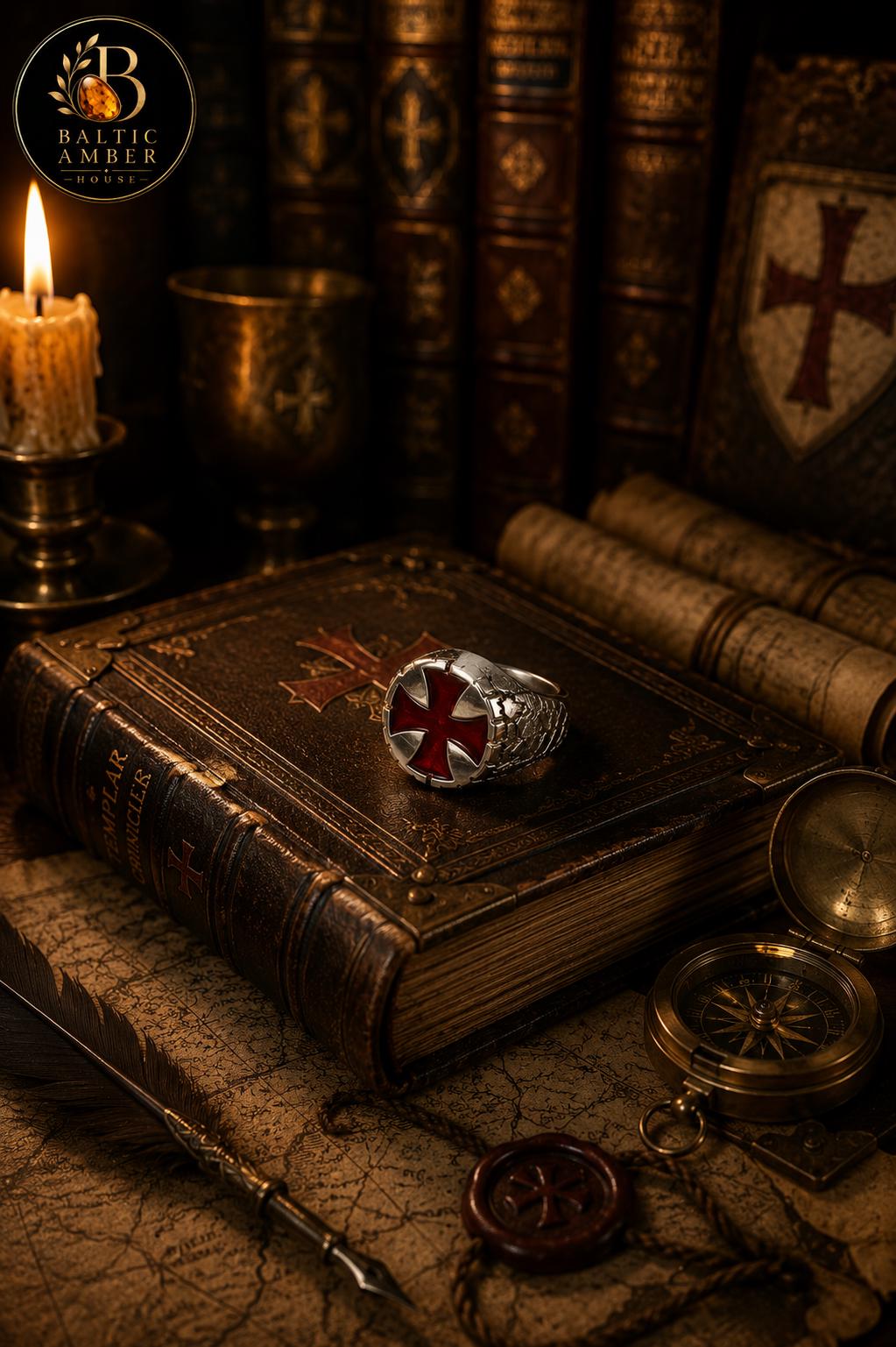 Knights Templar Amber Ring for Men, Genuine Baltic Amber Sterling Silver 925 Ring, Red Amber Signet Ring, Medieval Gift for Him