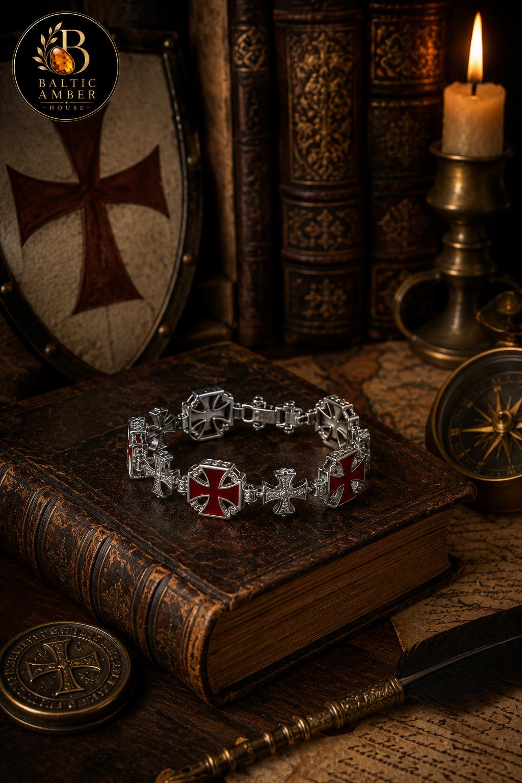 Natural Baltic Amber Link Bracelet for Men, 925 Sterling Silver Cross Bracelet, Knights Templar Statement Bracelet, Luxury Gift for Him