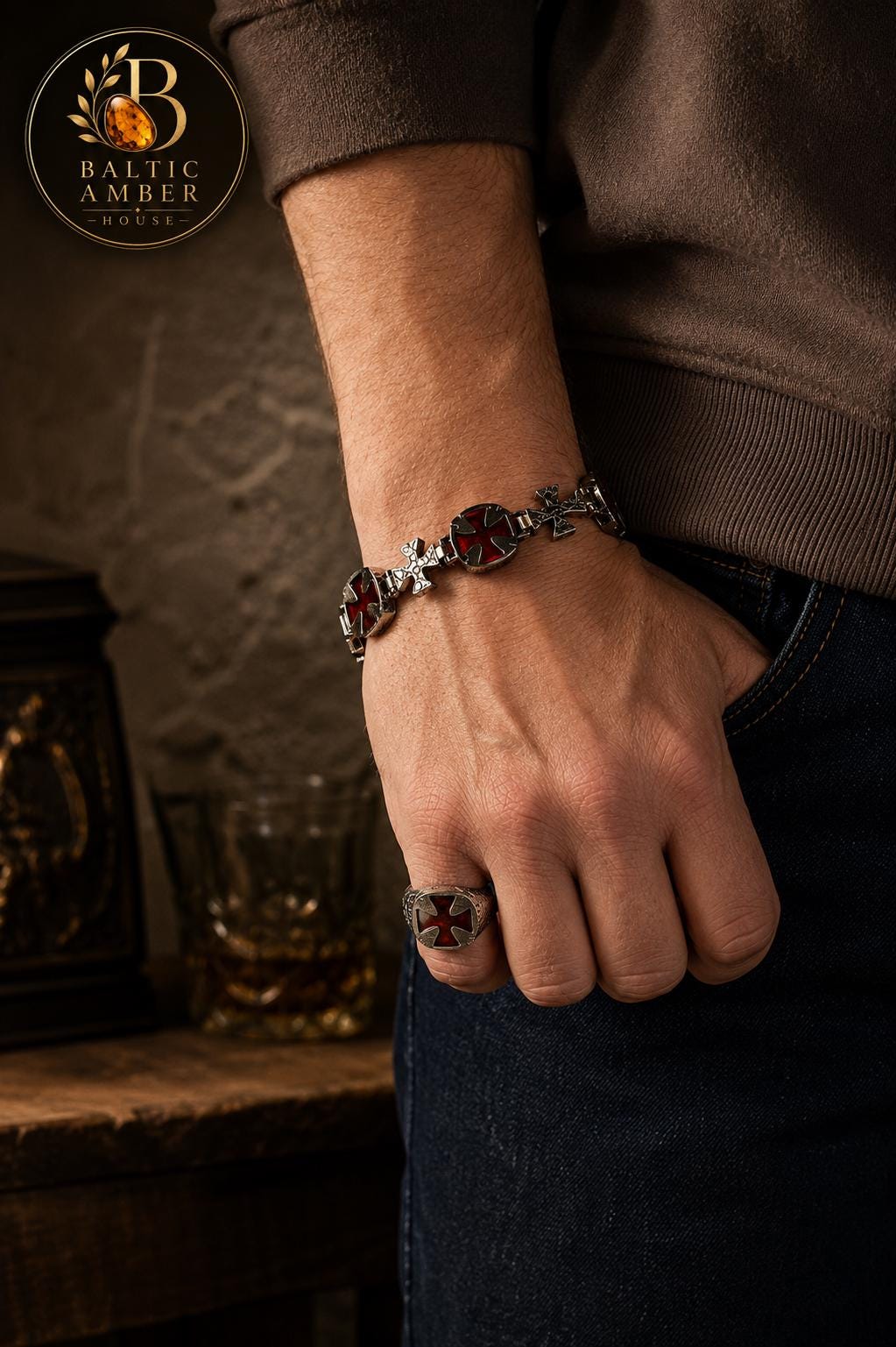 Natural Baltic Amber Link Bracelet for Men, 925 Sterling Silver Cross Bracelet, Knights Templar Statement Bracelet, Luxury Gift for Him