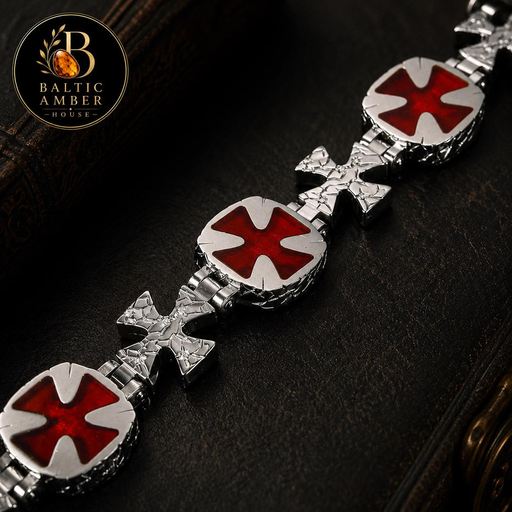Natural Baltic Amber Link Bracelet for Men, 925 Sterling Silver Cross Bracelet, Knights Templar Statement Bracelet, Luxury Gift for Him