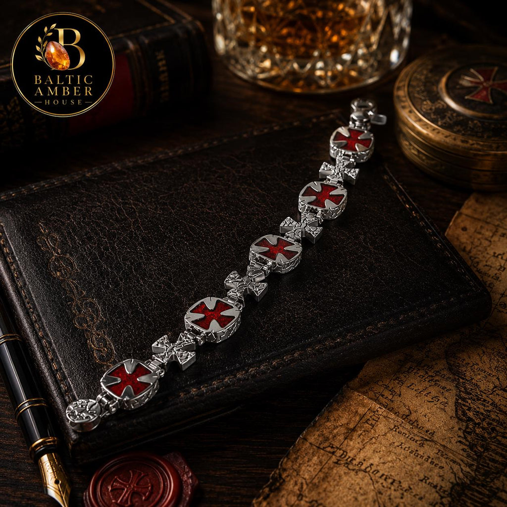 Natural Baltic Amber Link Bracelet for Men, 925 Sterling Silver Cross Bracelet, Knights Templar Statement Bracelet, Luxury Gift for Him