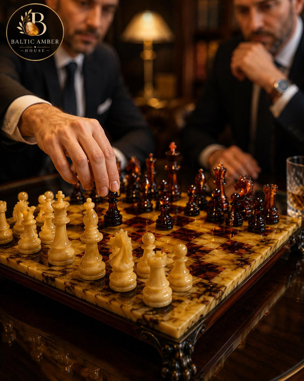 Natural Baltic Amber Chess Set, Luxury Wooden Chess Board, Handmade Chess Set, Executive Gift, Collector Game, One of a Kind Decor