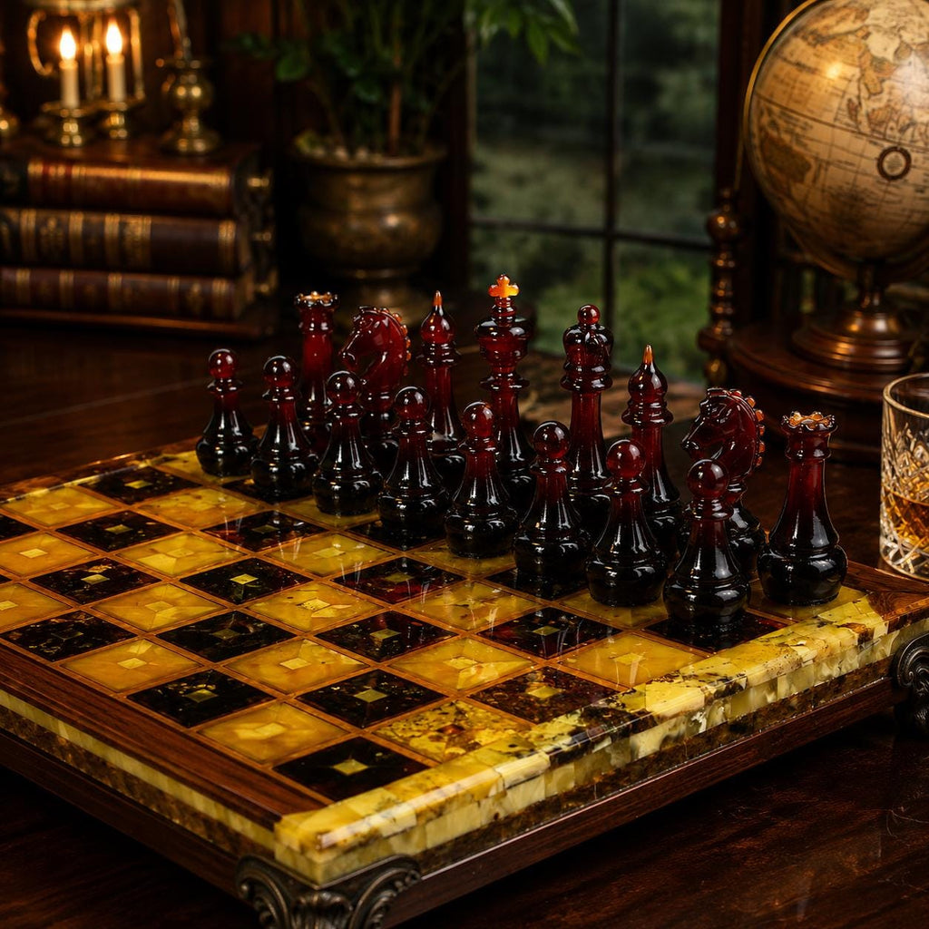 Natural Baltic Amber Chess Set, Luxury Wooden Chess Board, Handmade Chess Set, Executive Gift, Collector Game, One of a Kind Decor
