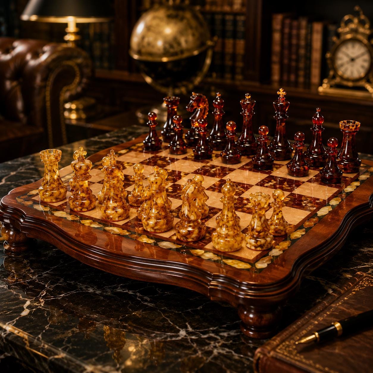 Luxury Baltic Amber Chess Set, Handmade Wooden Chess Board with Genuine Amber Pieces, Exclusive Collector Chess Game, Executive Gift for Him