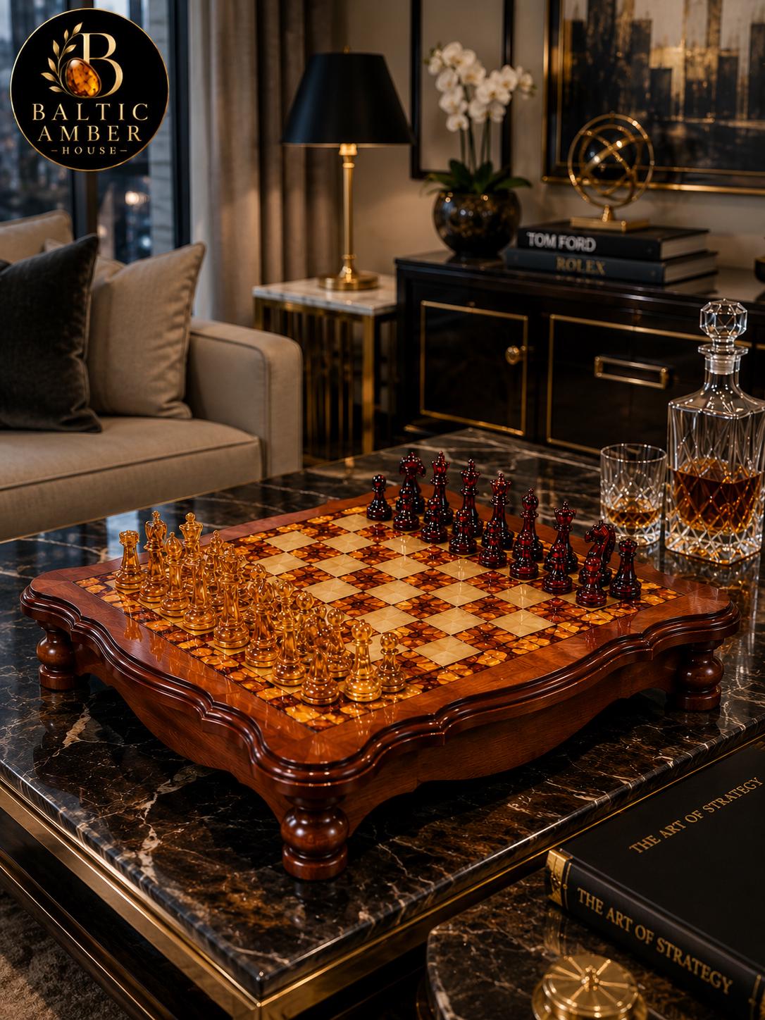 Luxury Baltic Amber Chess Set, Handmade Wooden Chess Board with Genuine Amber Pieces, Exclusive Collector Chess Game, Executive Gift for Him