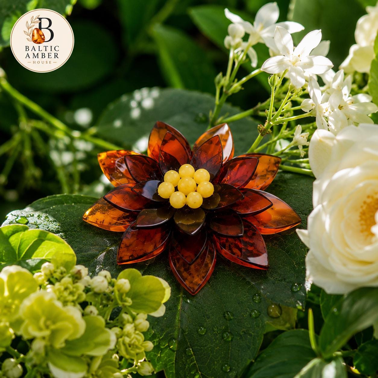 Natural Baltic Amber Flower Brooch, Handmade Designer Brooch, Statement Floral Pin, Cognac Amber Accessory, Unique Gift for Her